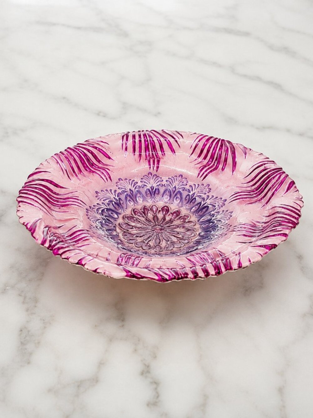 Turkish EFE Pink Purple Silver Embossed Glass Decorative Bowl 8"